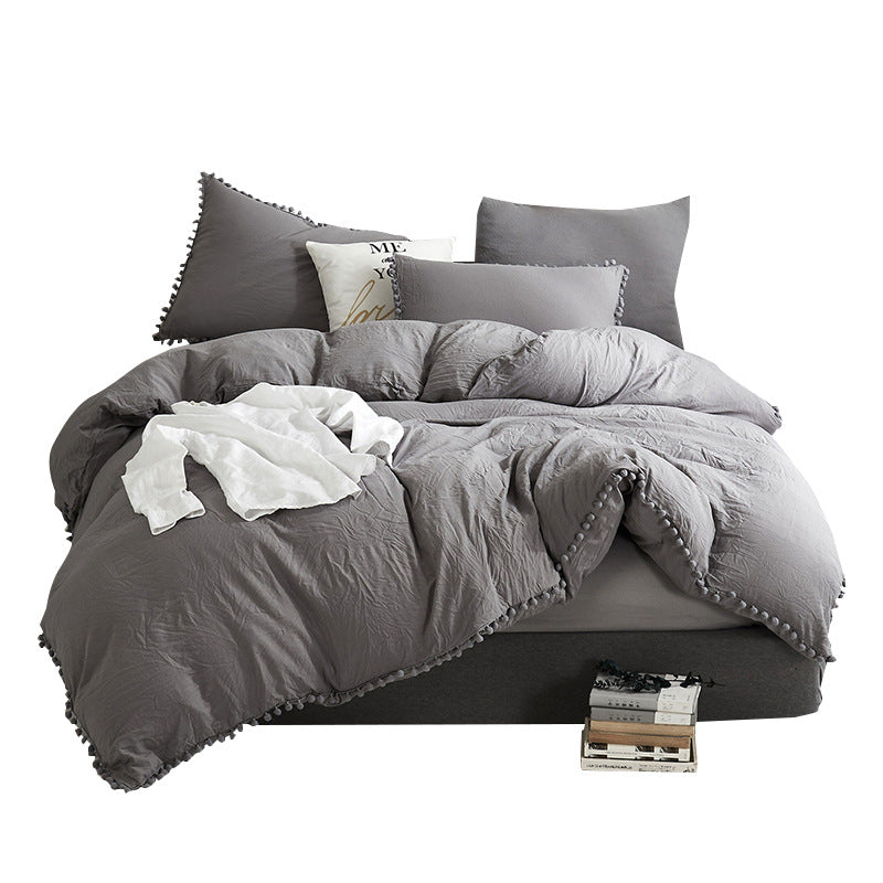 Solid Color Washed Ball Tassel Duvet Cover Set - 3 Pieces - Calm Cloud Bedding